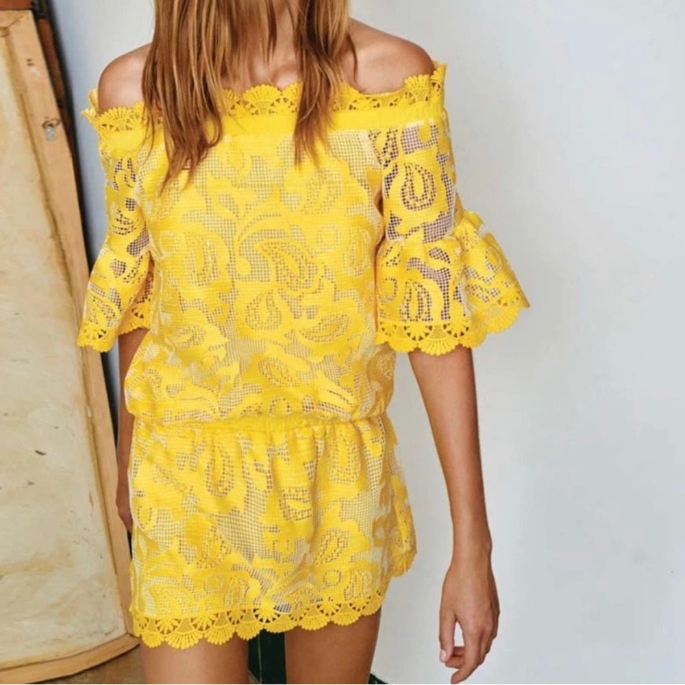 ALEXIS “Kit" lace mini dress yellow off the shoulder